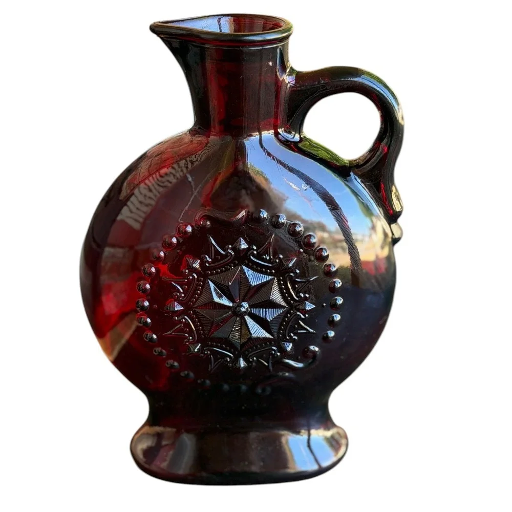 Vintage Wheaton Ruby Red Glass Decanter Pitcher Star Medallion Jim Beam 1970s